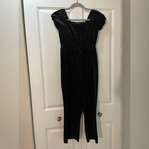 Three Pink Hearts Gold Threads in Black Velvet Onepiece Jumpsuit EUC